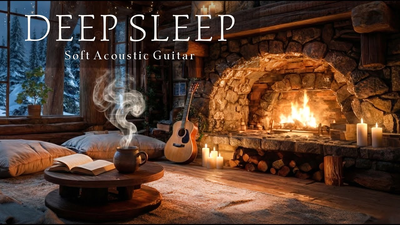 Soft Acoustic Guitar for Deep Sleep & Stress Relief | Cozy Winter Log Cabin Fireplace (2 Hours)
