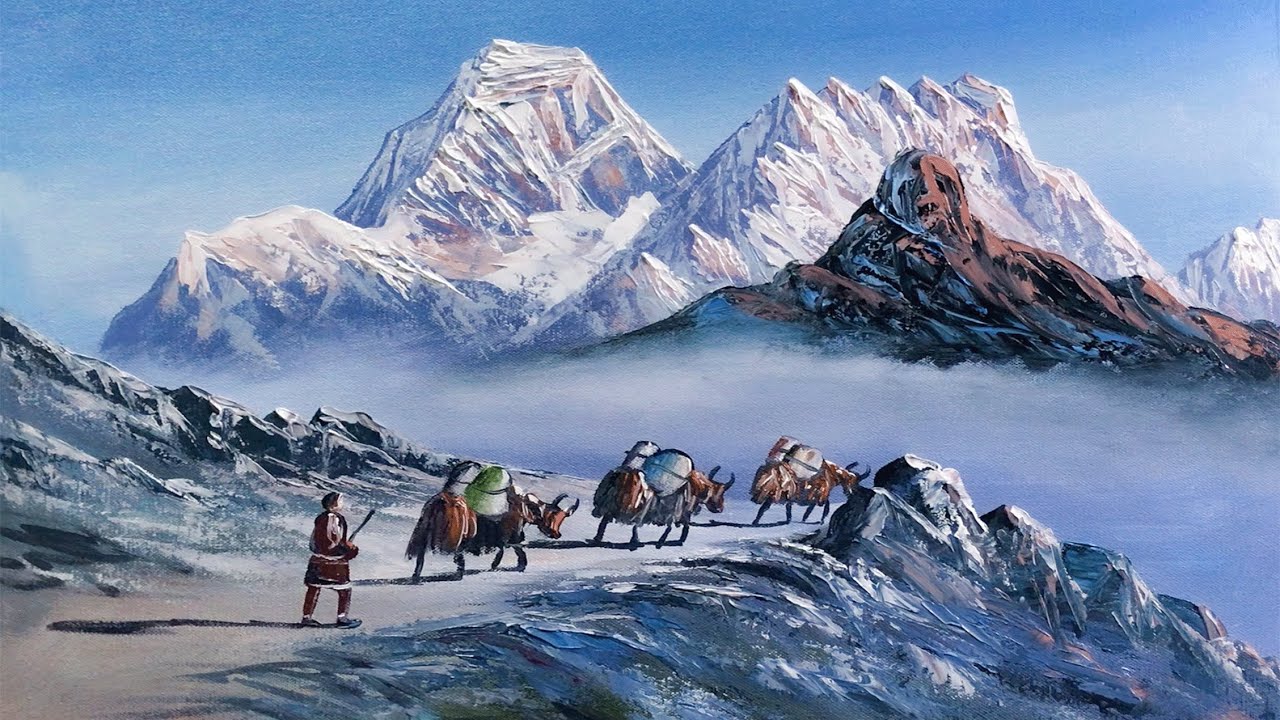 Everest Mountain and Yaks Painting | Nepali Painting