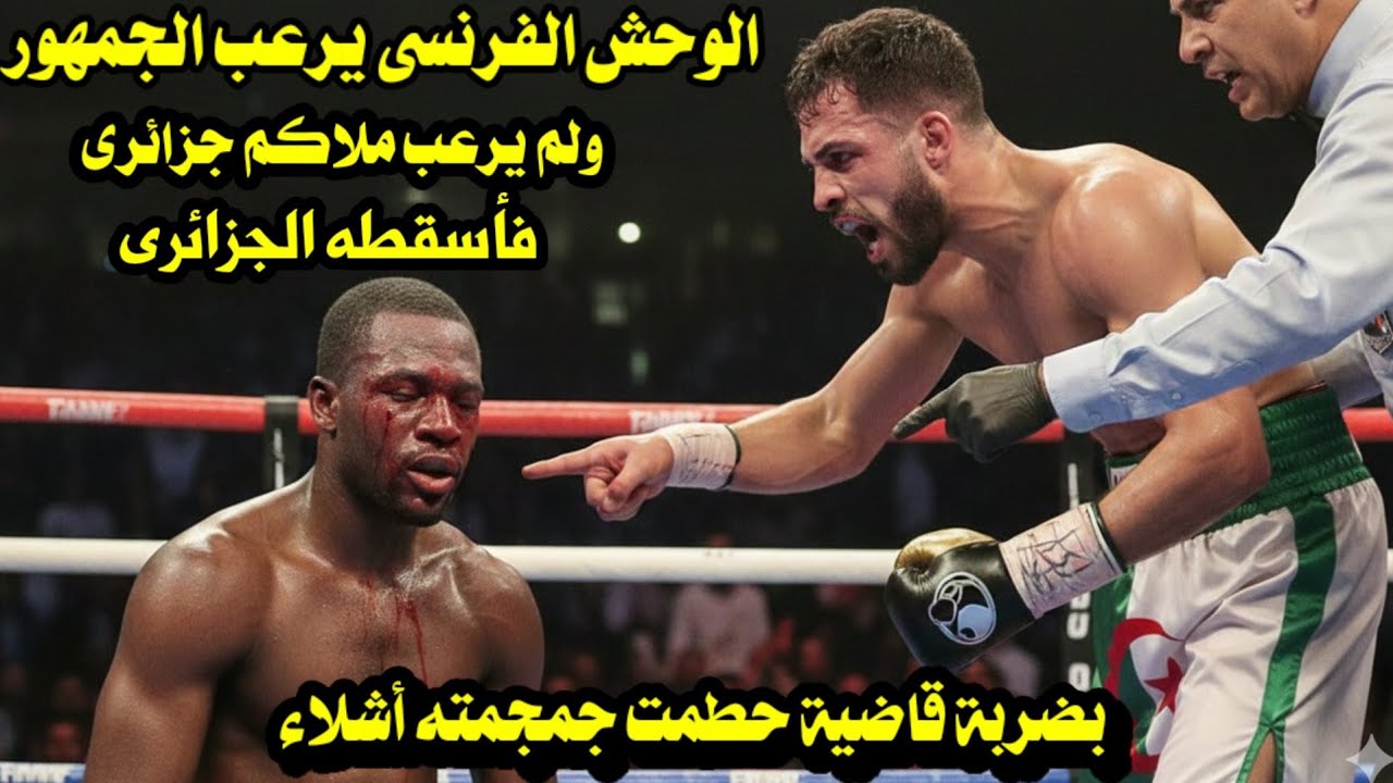 الوحش الفرنسى يرعب الجمهور ولم يرعب ملاكم جزائرى فأسقطه الجزائرى بضربة قاضية حطمت جمجمته أشلاء 