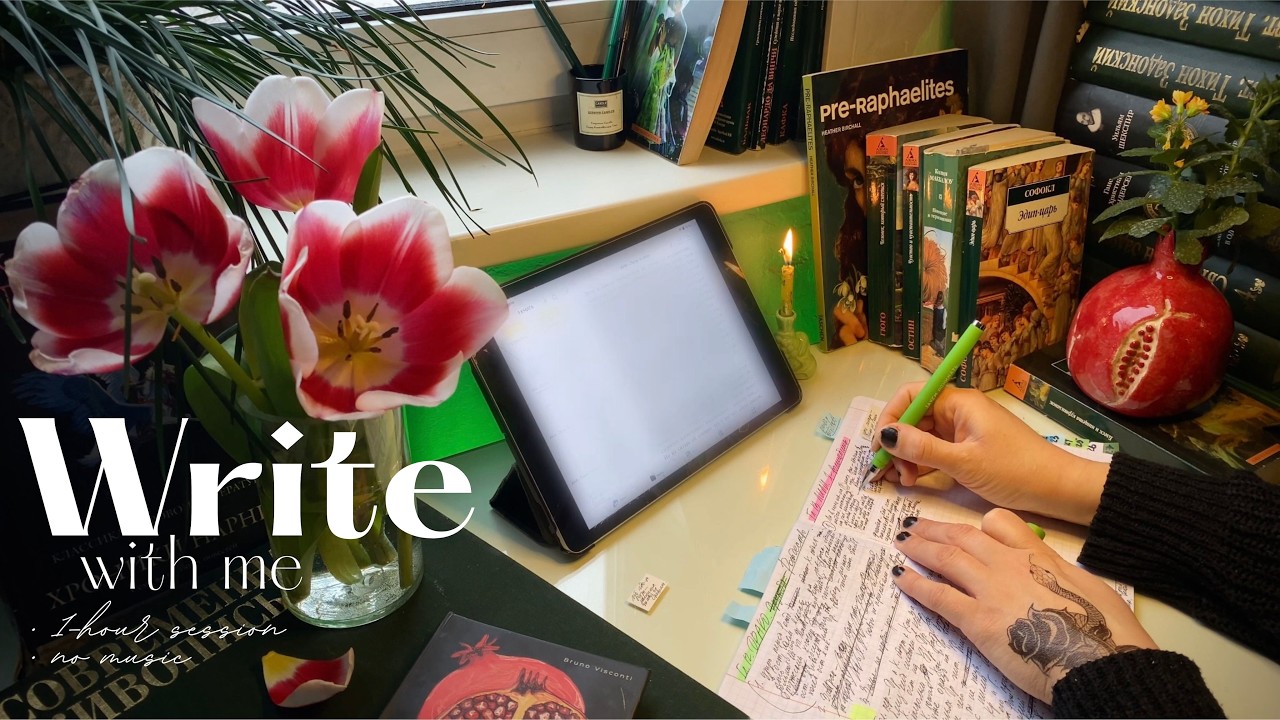 📚 Write With Me — Cozy Ambience for Writing 🌷 No Music, 1 Hour, Firepace Sounds, Library Vibes