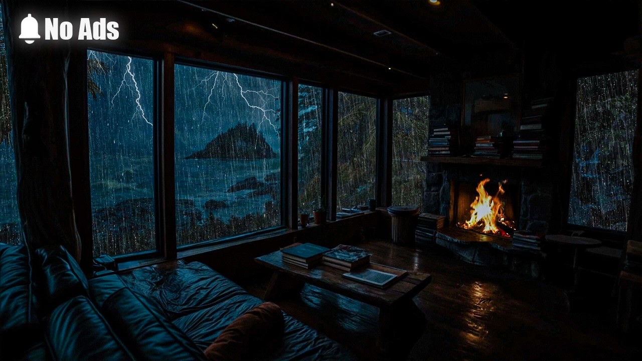 ⛈️Stormy Ocean Window View | Distant Thunder, Gentle Rain & Crackling Fireplace for Deep,Study,Relax