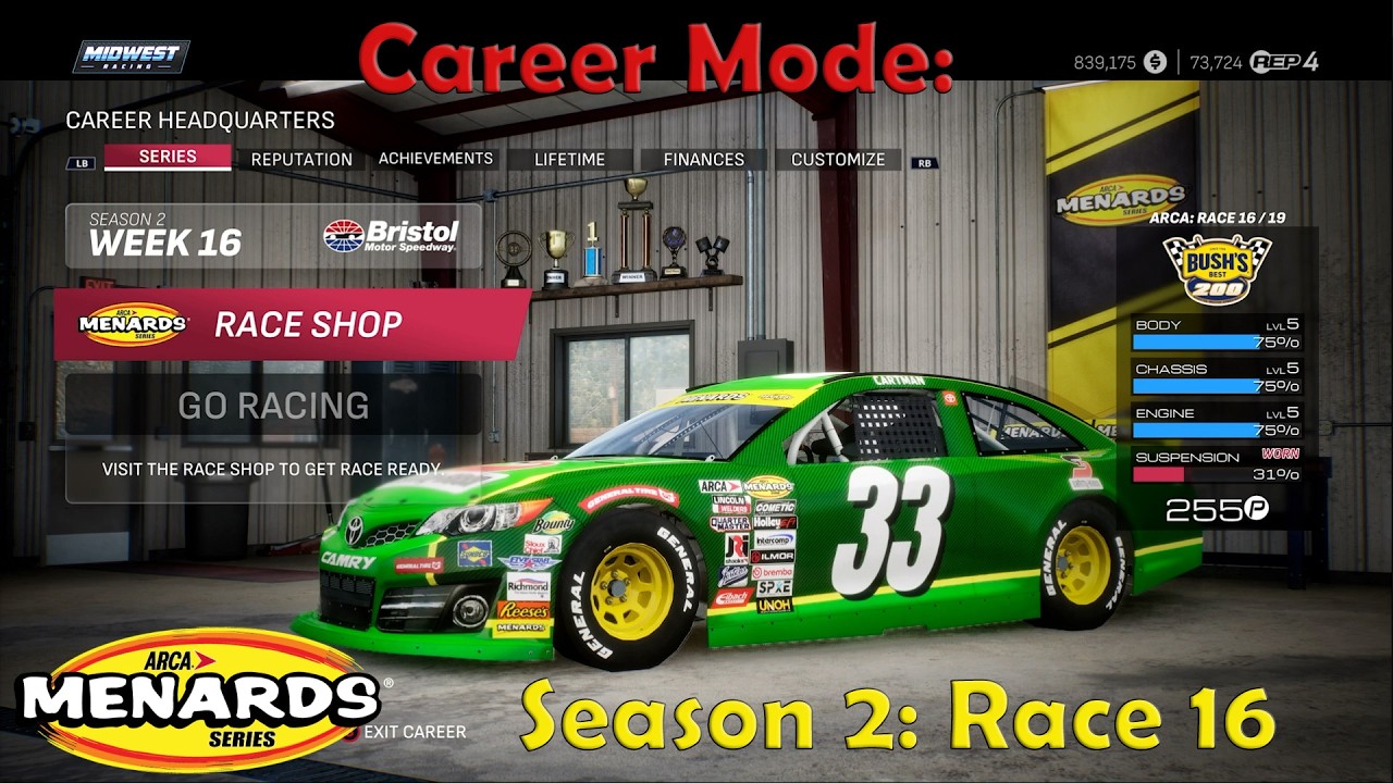 Nascar 25 Career Mode - Arca Season 2 Race 16 - BRISTOL! (100% Length & 100% Difficulty)