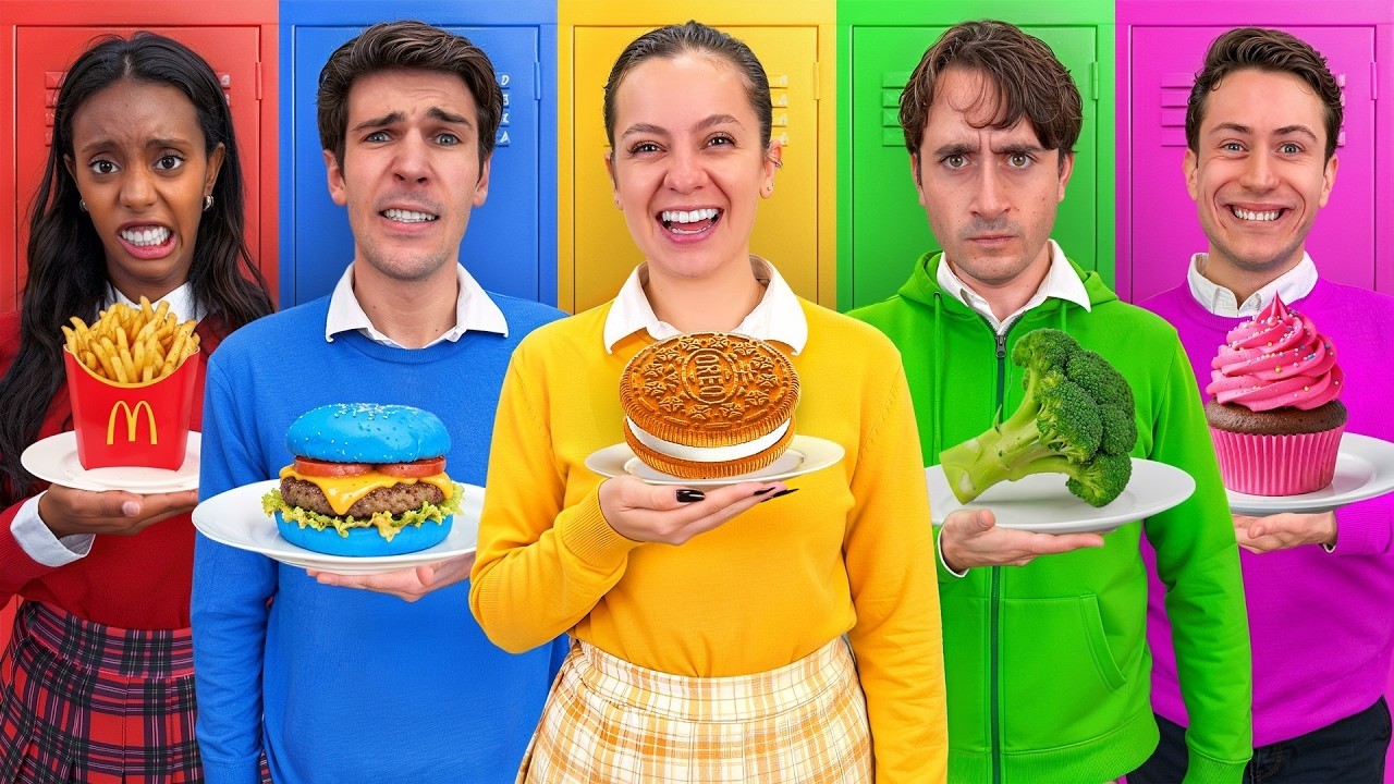Challenge 24 heures: On mange seulement la nourriture de la couleur de notre casier 🍔 Ninna et Matti