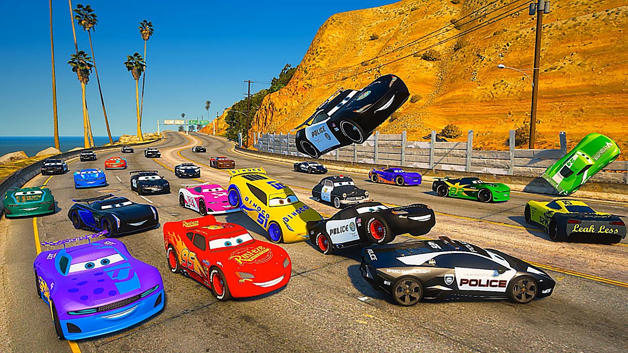 Street Race - Police Cars VS Pixar Cars 3 McQueen Jackson Storm Cruz Ramirez Brick Yardley & Friends