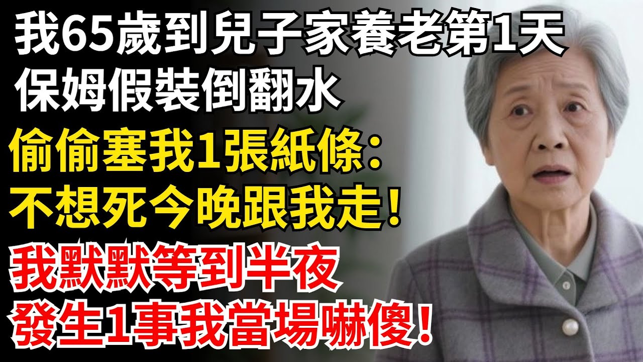 我65歲到兒子家養老第1天，保姆假裝倒翻水，偷偷塞我1張紙條：不想死今晚跟我走！我默默等到半夜，發生1事我當場嚇傻！