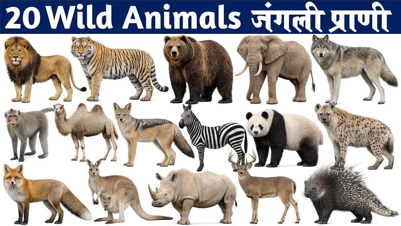 जंगली प्राण्यांची नावे | 20 Wild Animals for Kids | Learn Animal Names in English with Sounds & Fun