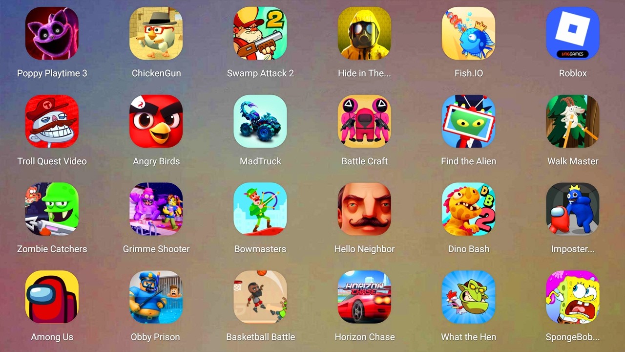 Roblox,Hello Neighbor Alpha 2,Lucky Balls,Poppy Playtime 4,Squid Game,Mr. Funny's Toyshop,Fish.IO...
