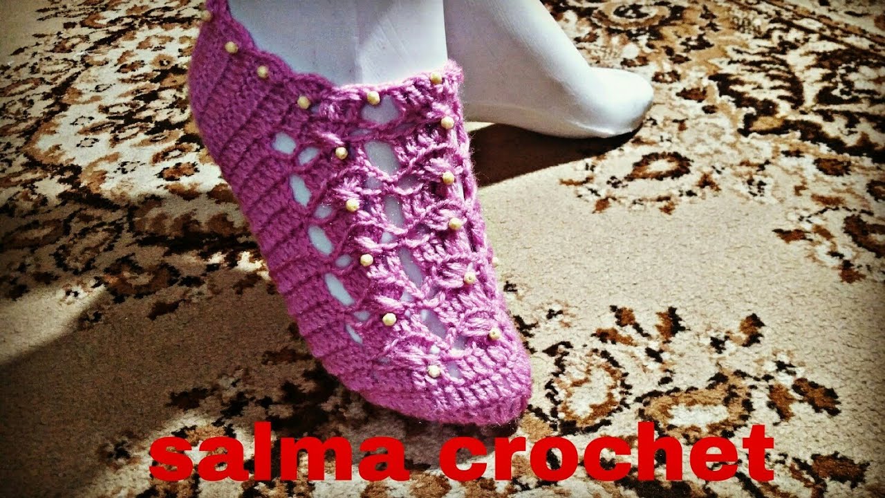 ;كروشيه حذاء بالوري سليبر جوارب نسائي بناتي بغرزة الصدفة Crochet Slipper Women's Shoes