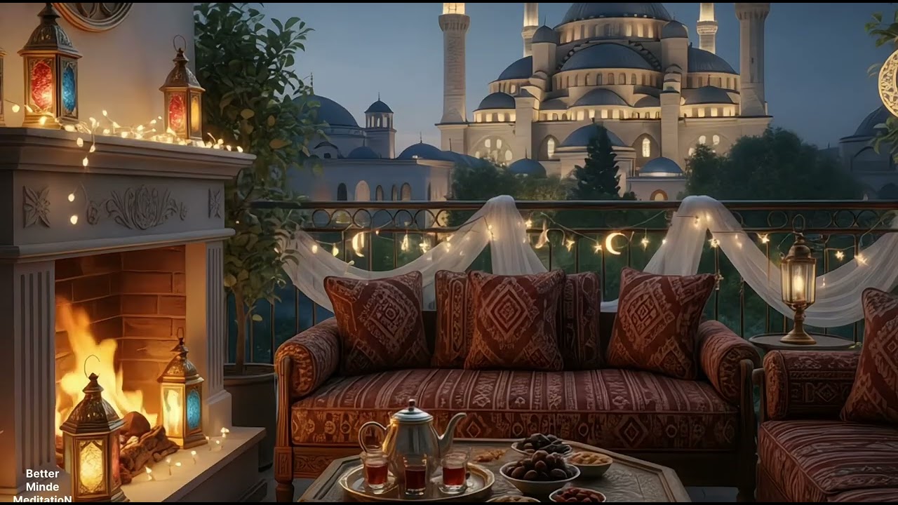 Ramadan Night Calm 🌙 Soft Fire Crackling on a Cozy Balcony | Peaceful Fireplace Sounds (No Music)