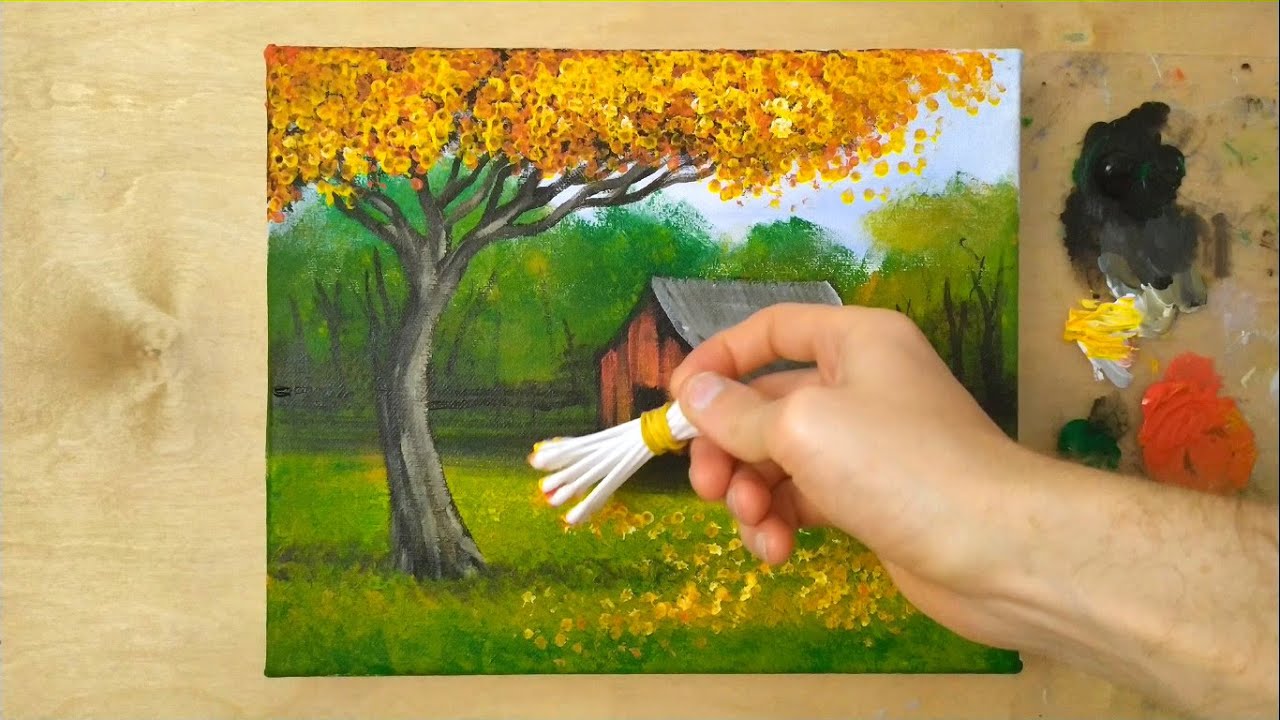 SIMPLE Autumn Painting Tutorial / Old Red Cabin / Step by Step for BEGINNERS in Acrylic