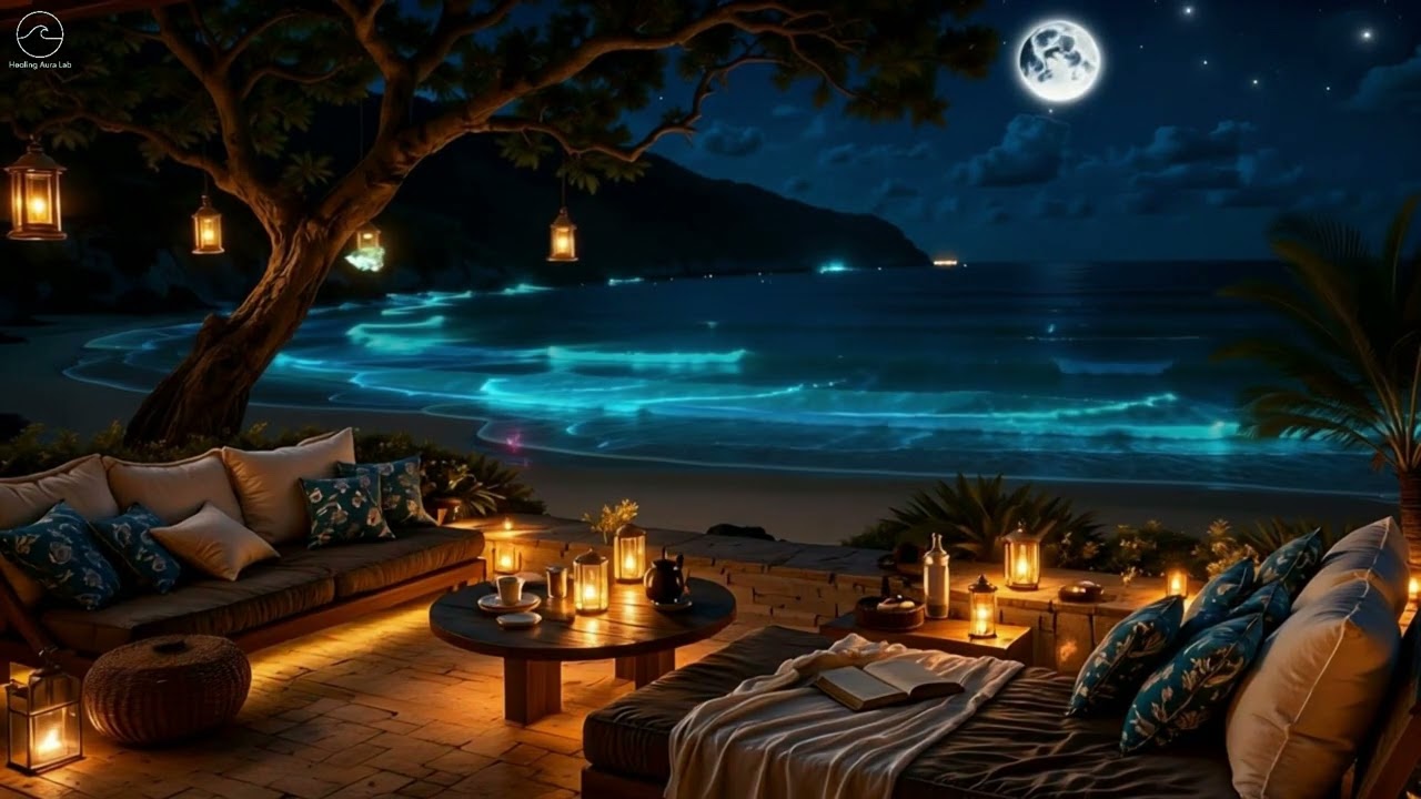 “Luxury Beach Lounge at Night with Glowing Bioluminescent Ocean”
