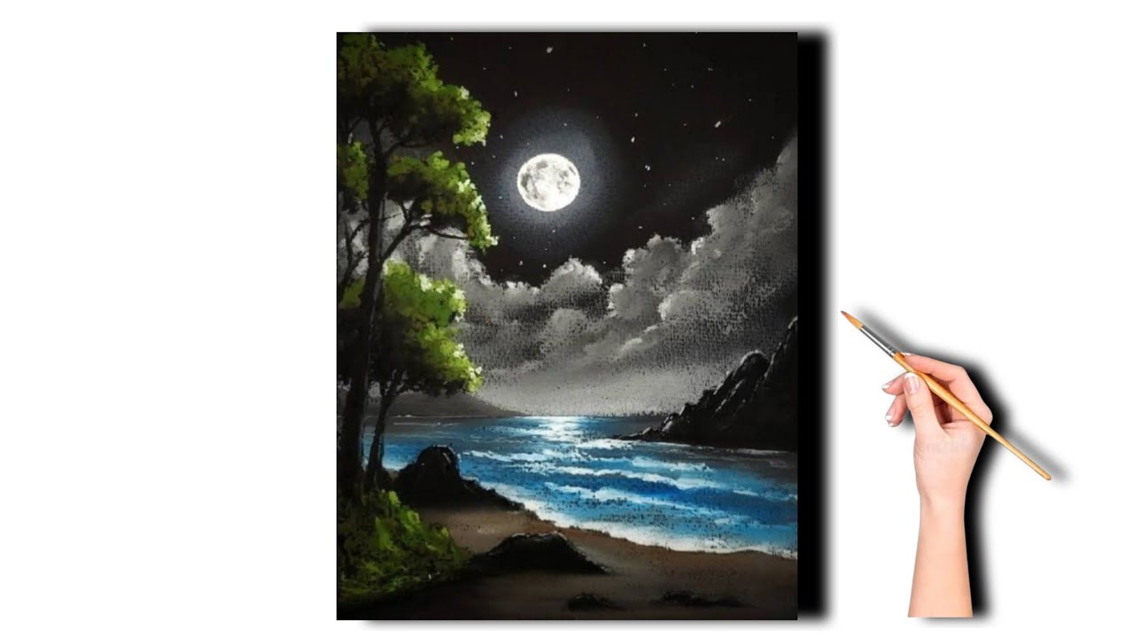 Moonlight Beach Painting 🌕 | Easy Night Landscape Tutorial for Beginner