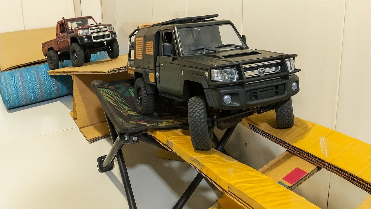 Remote Control Cars || RC Toyota Land Cruiser Climbing Cardboard Obstacles, Wooden Bridge Challenge