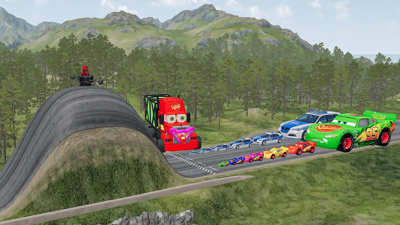Big & Small McQueen & Police Car vs Zombie Mack, Giant Bulge & Spinner Downhill Race – BeamNG.drive