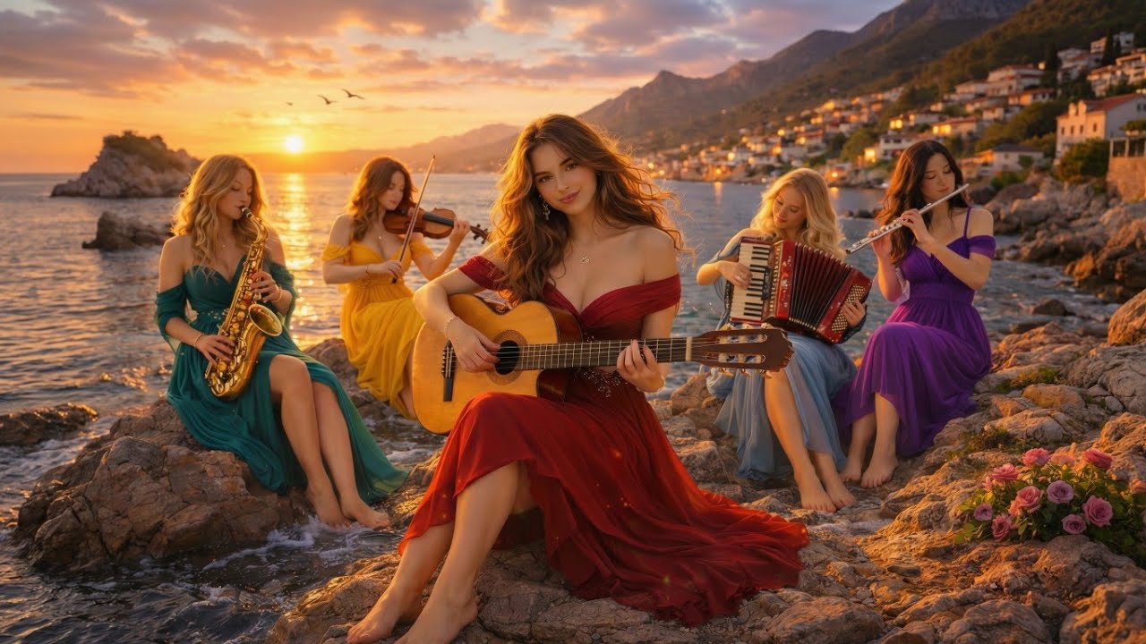 Serene Sunset Coastal Village Waves | Flamenco Guitar, Accordion & Irish Flute