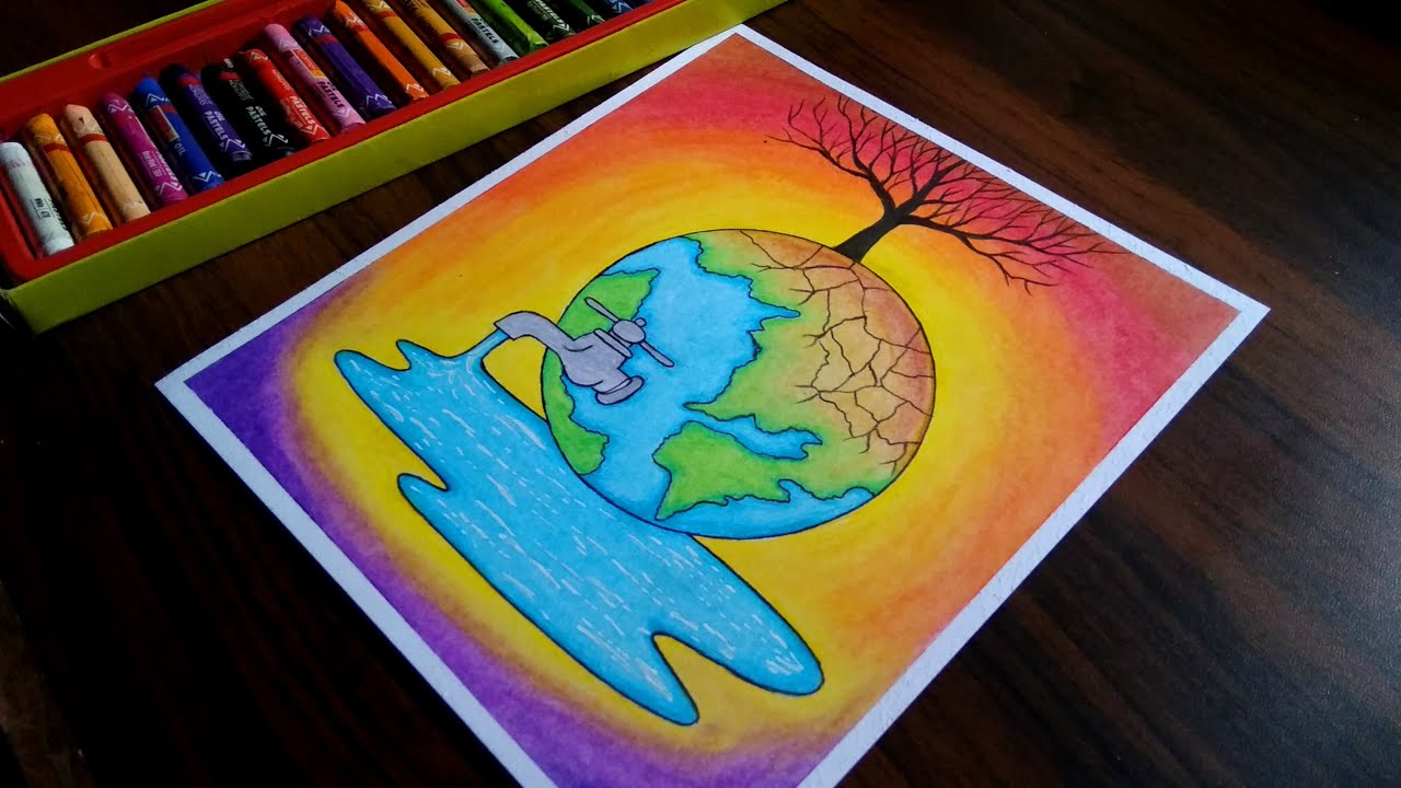 Drawing save water on the earth || step by step || oil pastel