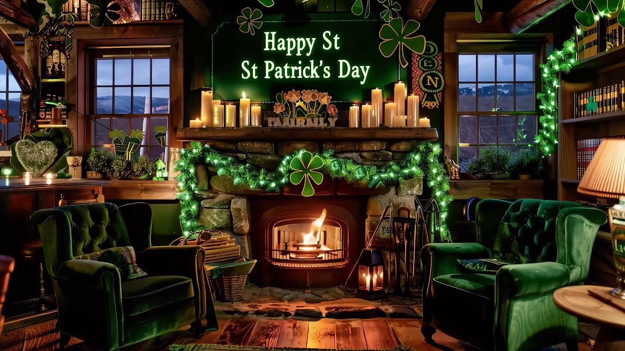 St Patrick's Day Irish Tavern Fireplace 🍀 Calm Celtic Instrumental Music | Cozy Pub Ambience
