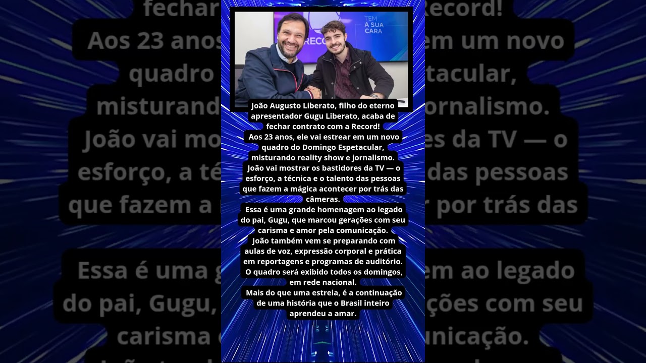 JO&Atilde;O AUGUSTO LIBERATO SEGUE OS PASSOS DO PAI NA RECORD