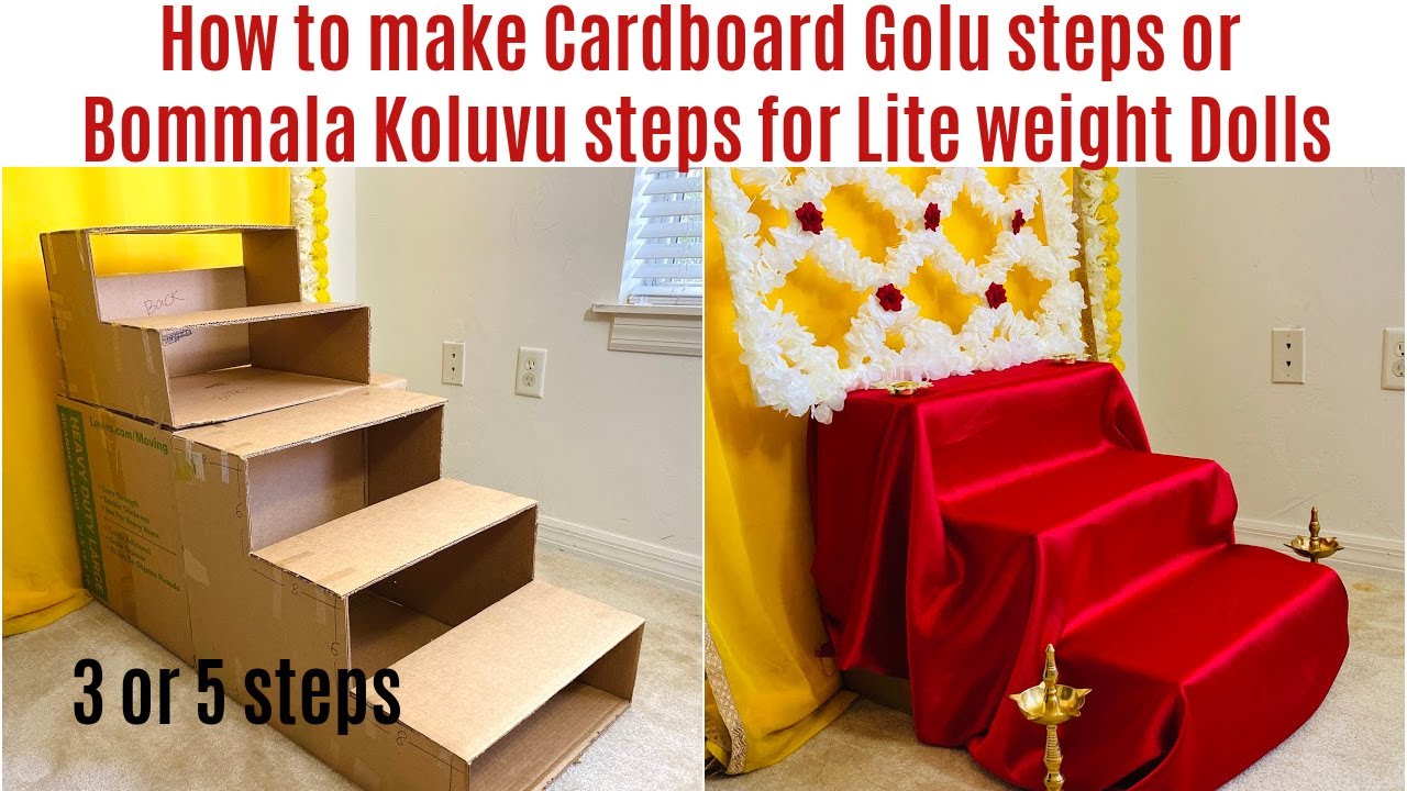Make Bommala Koluvu Steps using Cardboard for lite weight dolls | Navarathri Golu | DIY Golu steps