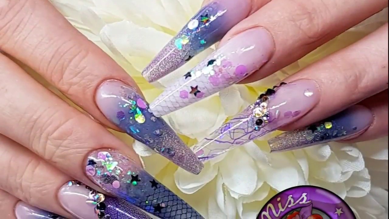 My Nails! Acrylic Nails, Extreme Length Tapered Square, Embedded net, lace, leaves and glitter!!