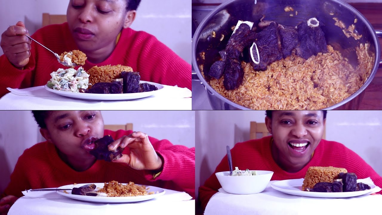 Mukbang | Nigerian Food | Nigerian Perfect Party Jollof Rice With Fried Beef And Salad