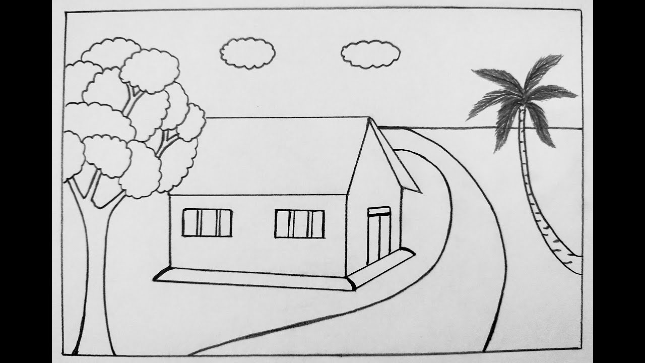 Pencil drawing of village landscape  /  House, trees, road drawing