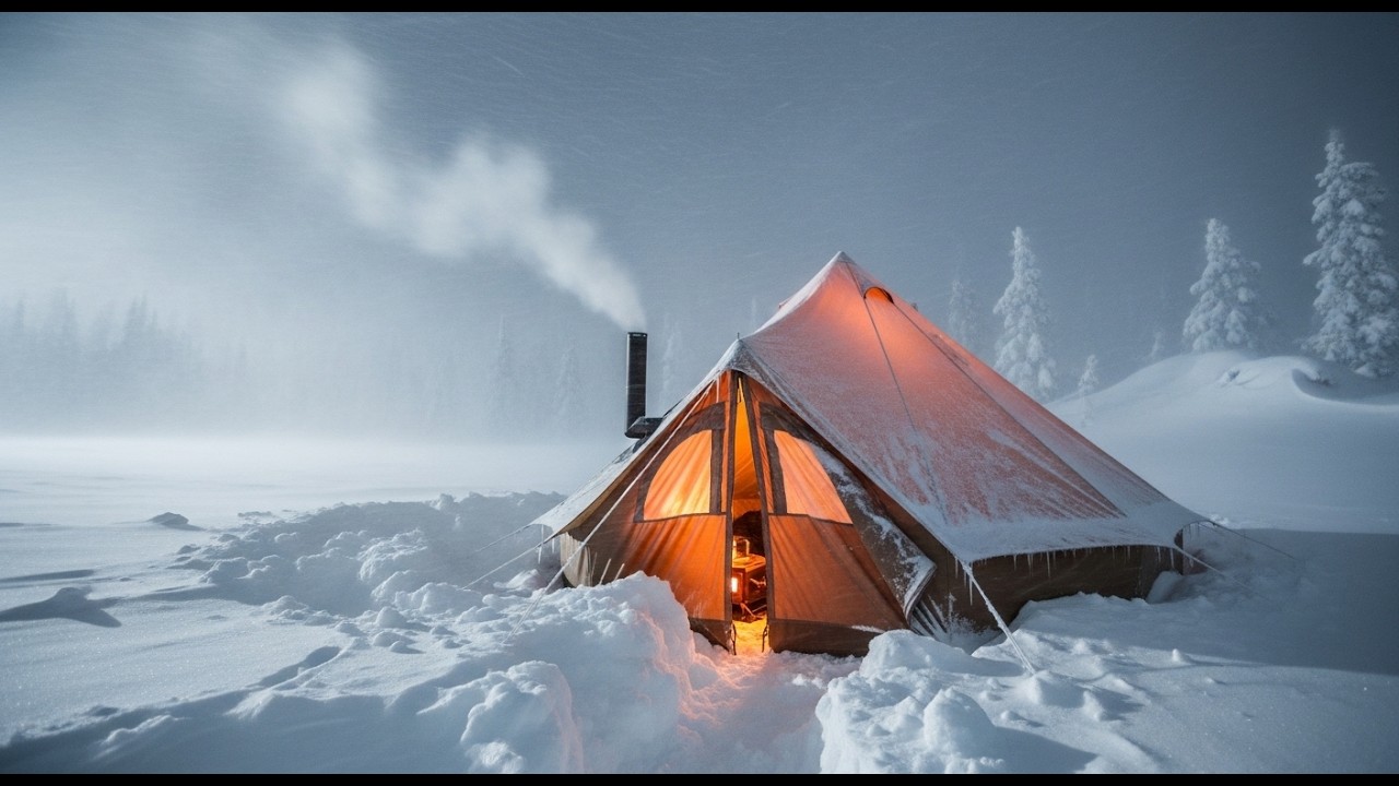 🌨️ Blizzard Survival Night | Hot Tent Camping in Extreme Snow