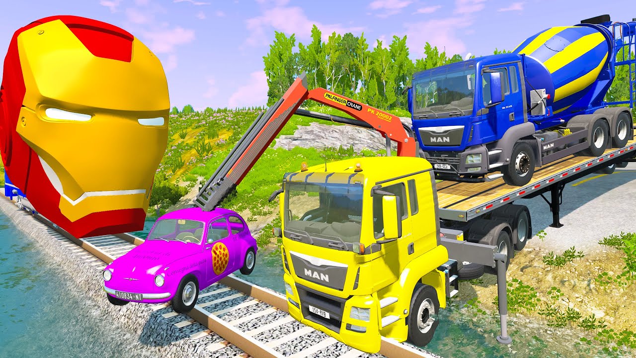 Double Flatbed Long Trailer Truck Car Rescue Monster Truck - Long Trucks Transport Cars with Train