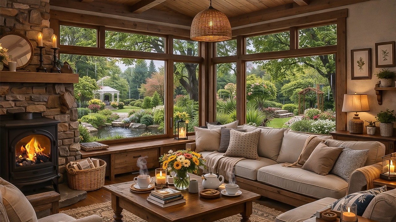 Peaceful Evening at the Rainy Café ☕ Smooth Jazz Piano & Fireplace Sounds for Relax & Work
