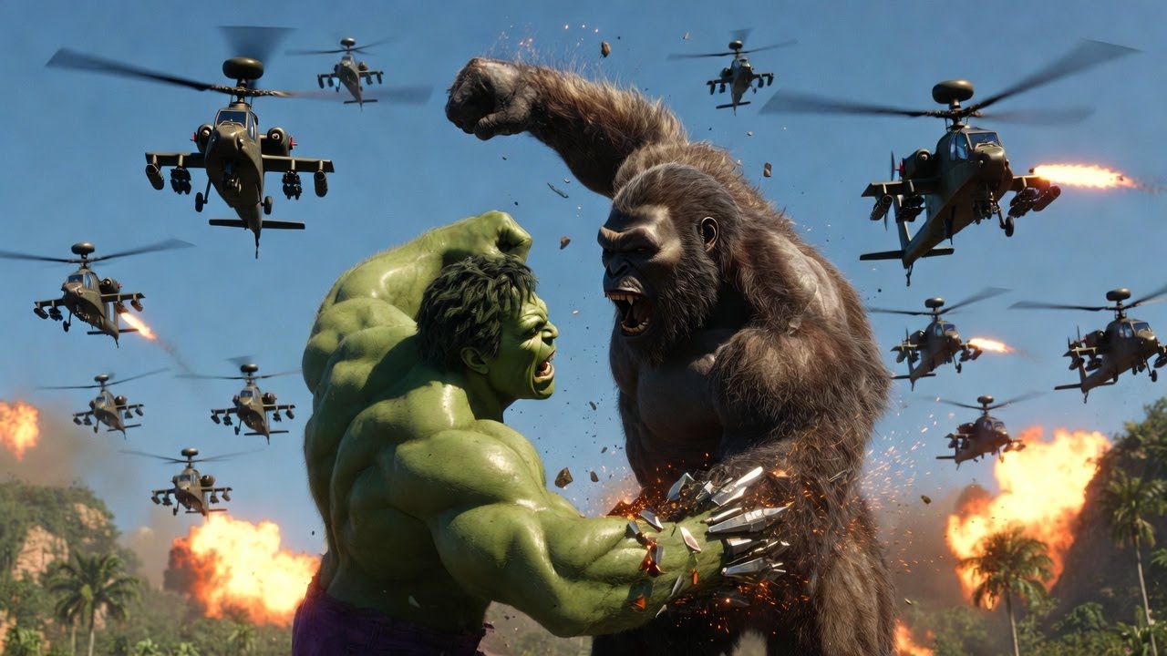 King Kong vs Hulk EXTREME Fight! 🚁 Army Helicopters Attack on Skull Island – Epic Super Power War! 💥
