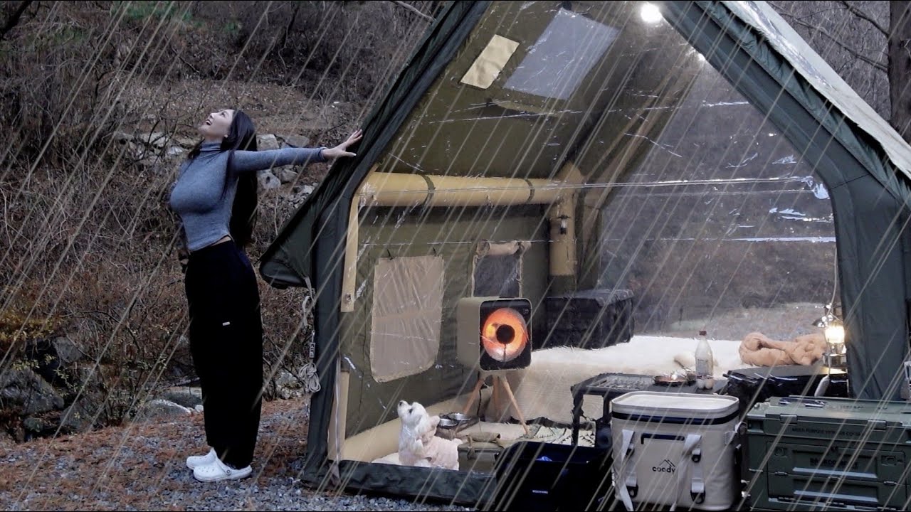 [캠핑] ☔비 오는 날 아침 풍경 | 오징어김치전·막걸리, 얼큰 샤브샤브, 뚝배기 고추장찌개