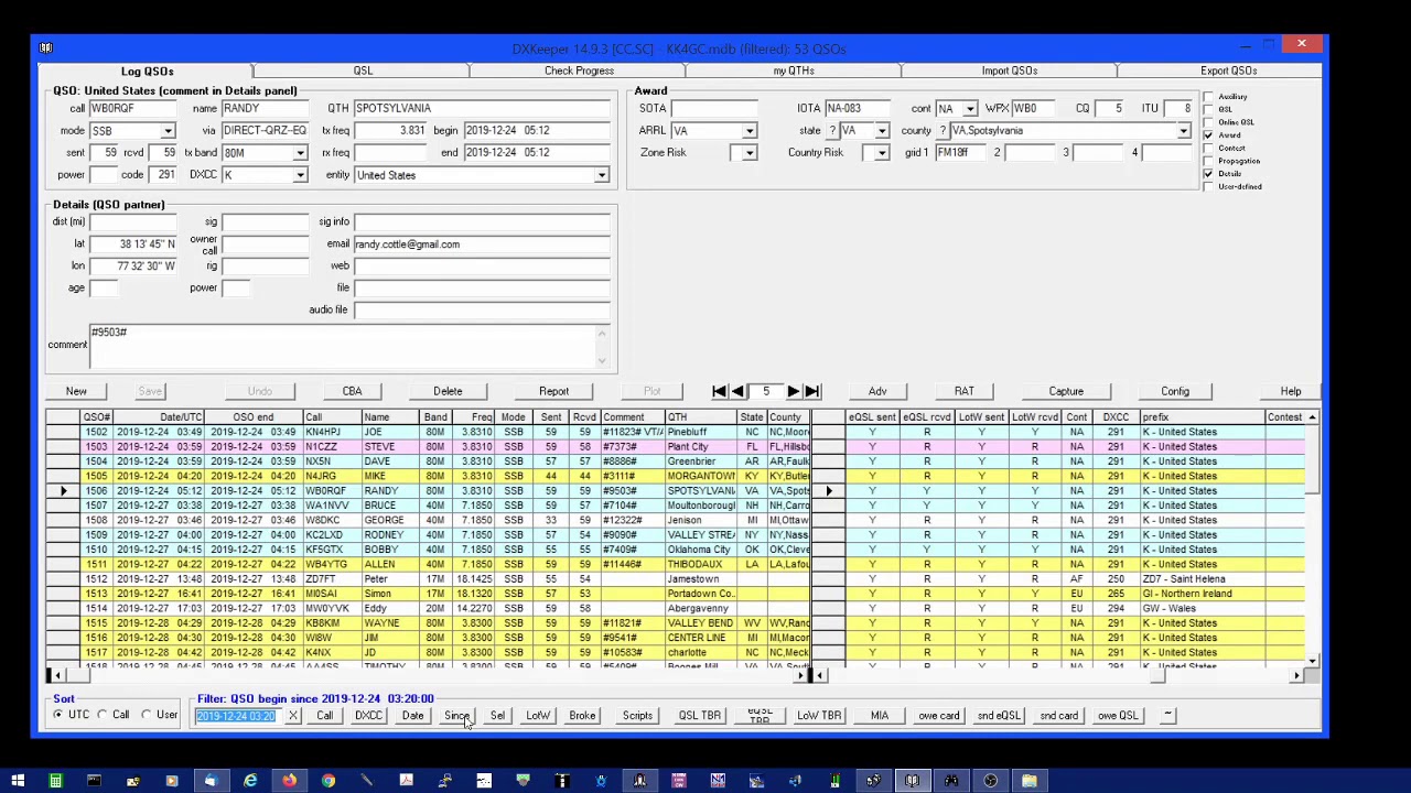 DXLab DXKeeper - filtering and sorting QSOs