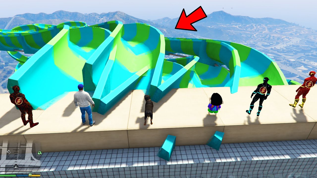 Franklin And Avengers Multi Way Water Slide Ramp Jump Challenge With All Flash in GTA 5