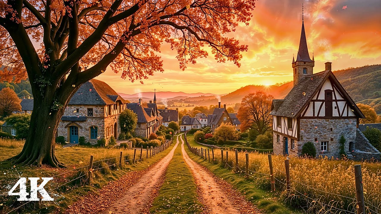 Idyllic Countryside Village at Sunset | Walk into a Golden Autumn with Soothing Birds & Breezes