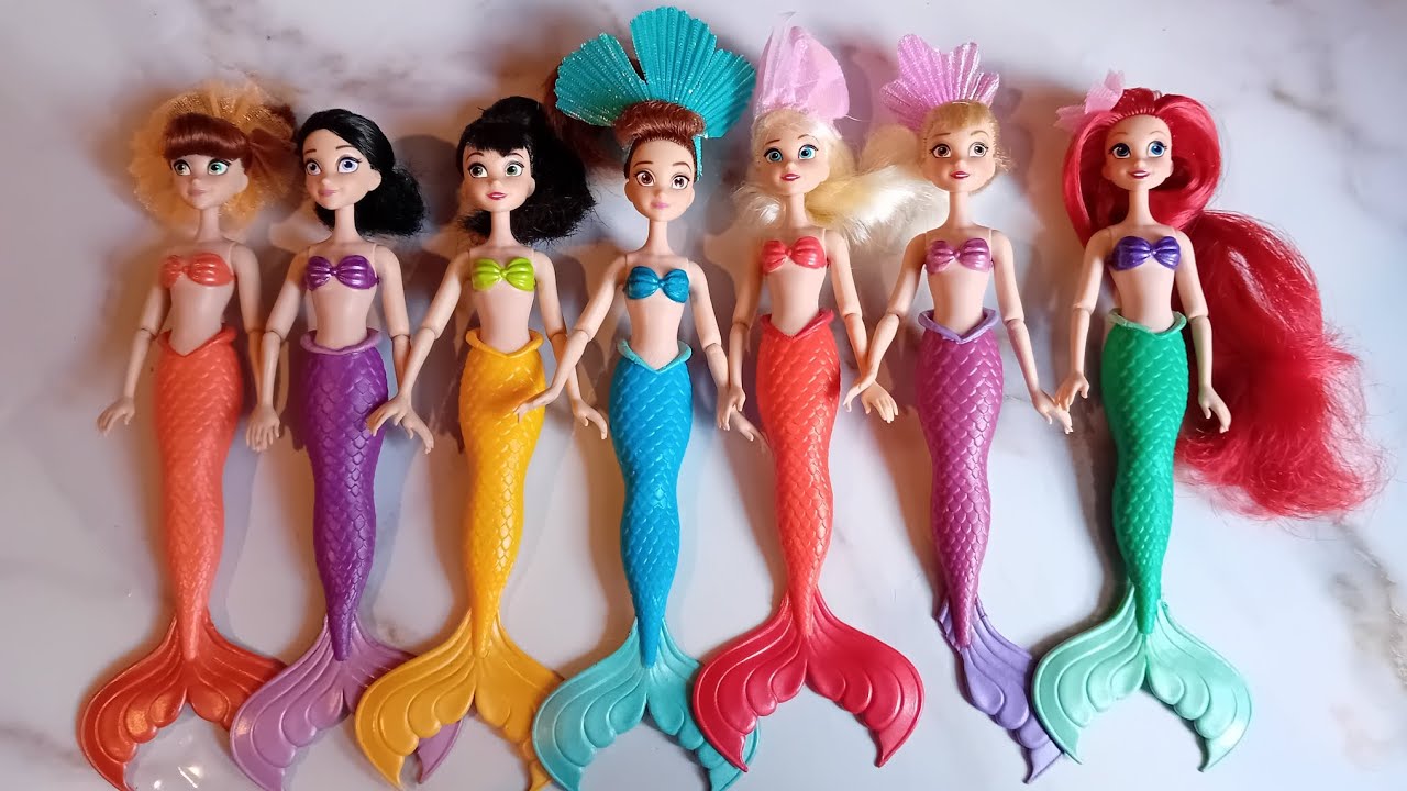 Disney Store 30th Anniversary Ariel and Sisters mini-dolls 2019, before and after.