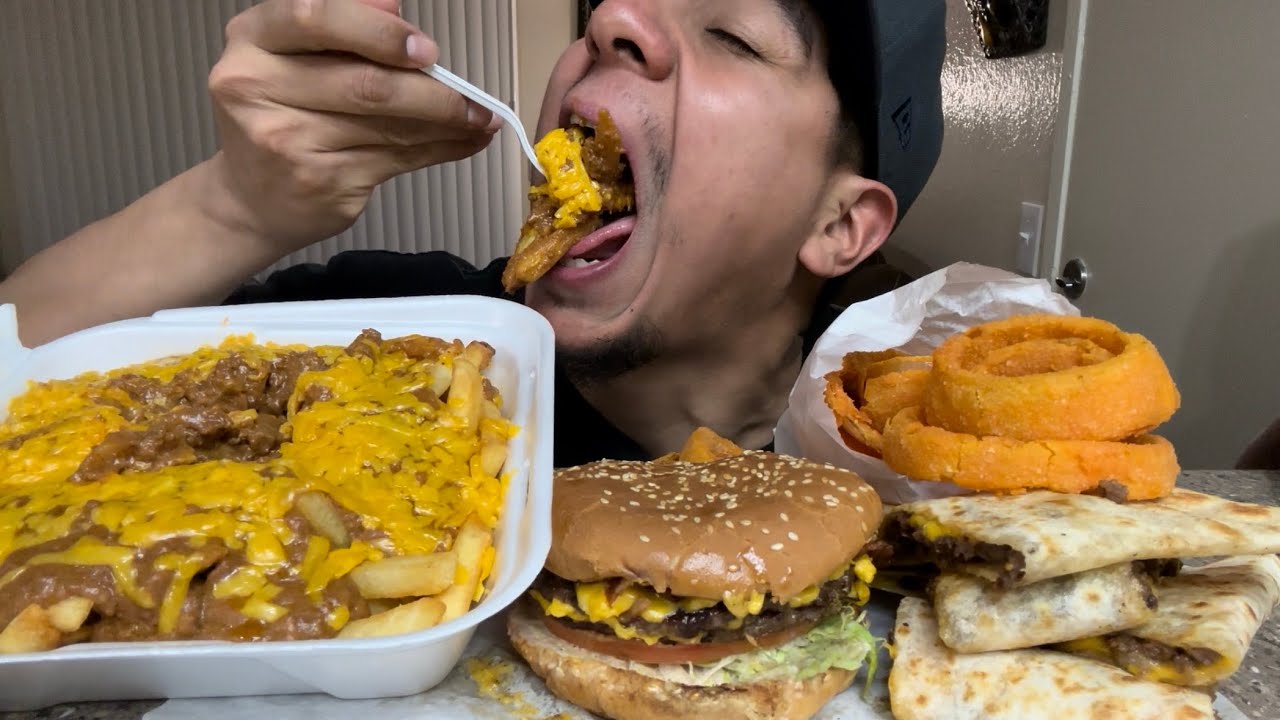 Double Bacon Cheeseburger || Asada Quesadilla || Chili Cheese Fries || Onion Rings Mukbang