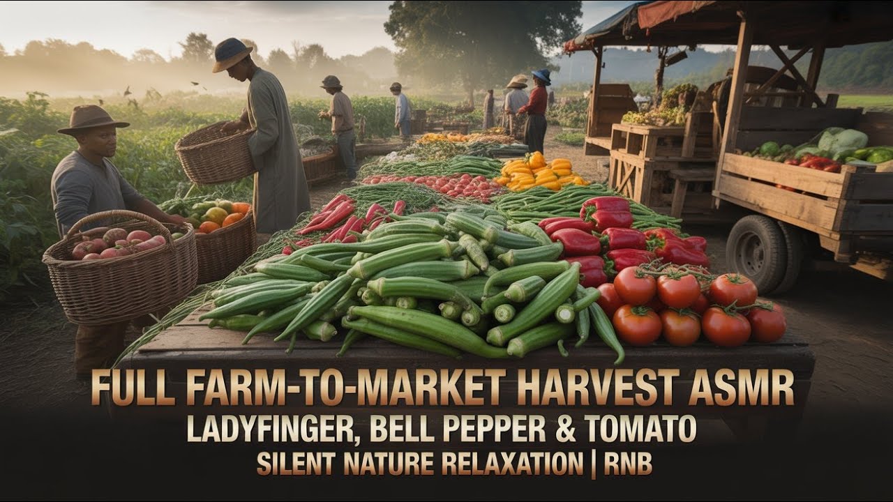 Full Farm-to-Market Harvest ASMR 🌿 Ladyfinger, Bell Pepper & Tomato | Silent Nature Relaxation | RNB
