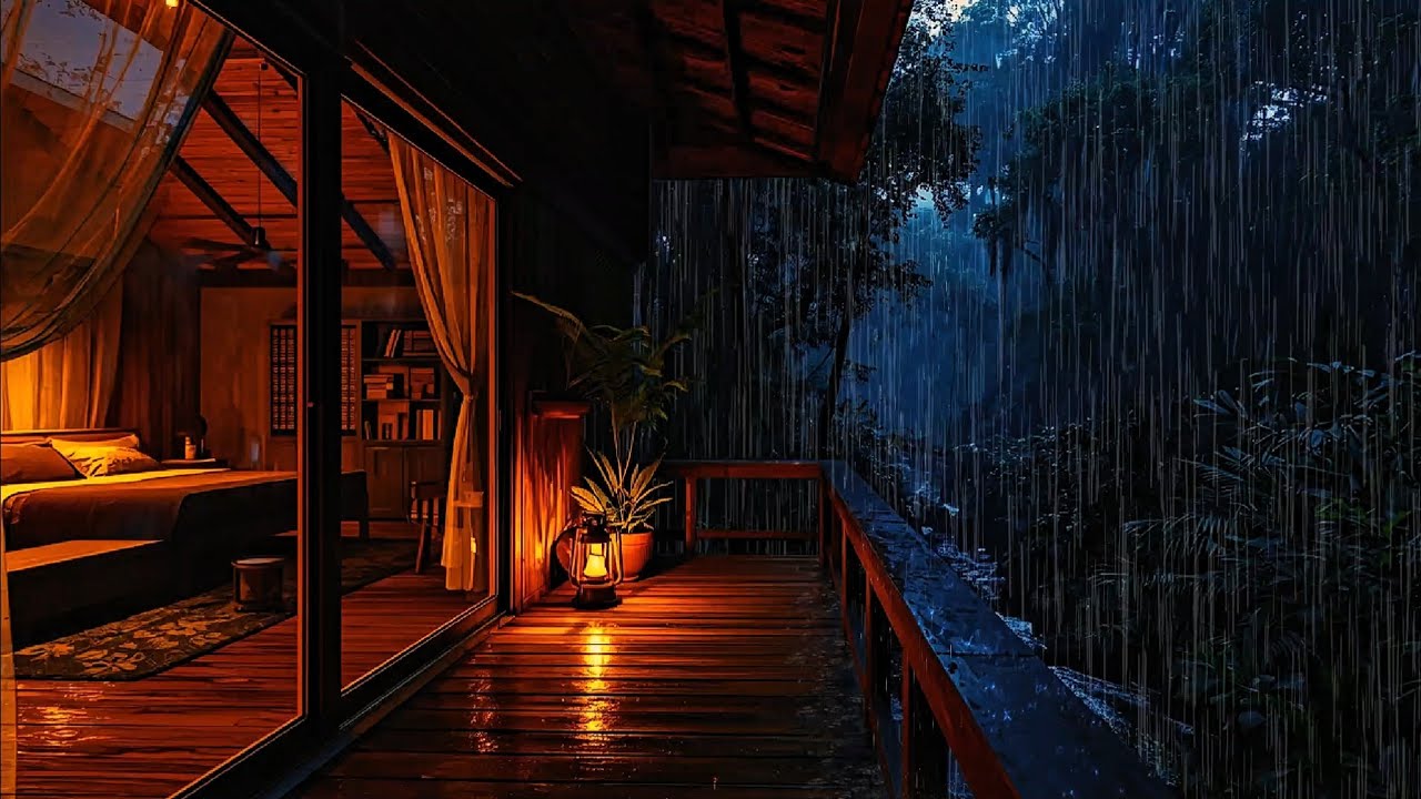 Rain on Wooden Balcony in a Forest Cabin | Deep Sleep ASMR