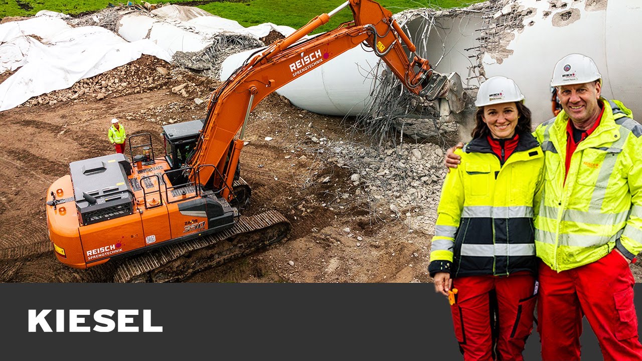 SPRENGUNG und RÜCKBAU einer WINDKRAFTANLAGE mit HITACHI Baggern und Radladern