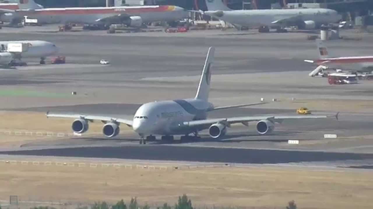 Takeoff Malaysia Airlines Airbus A380-841 (9M-MNB) in Madrid Barajas