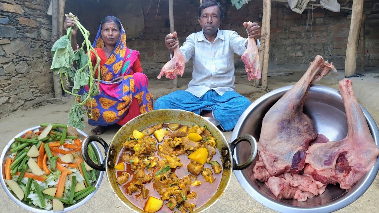 how to cook MUTTON CURRY and vegetable cooking recipes|mutton leg piece|parents village cooking