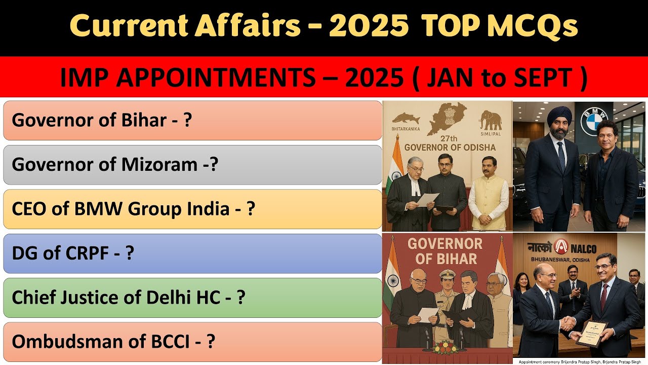 Top most Appointments 2025 | Jan to Sept 2055  Current Affairs 2025