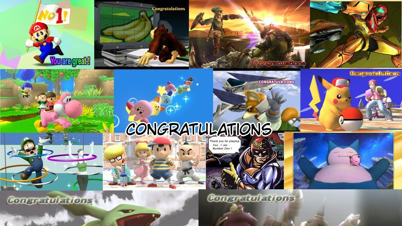 All Super Smash Bros Classic, Adventure, and All Star Mode Congratulations Screens