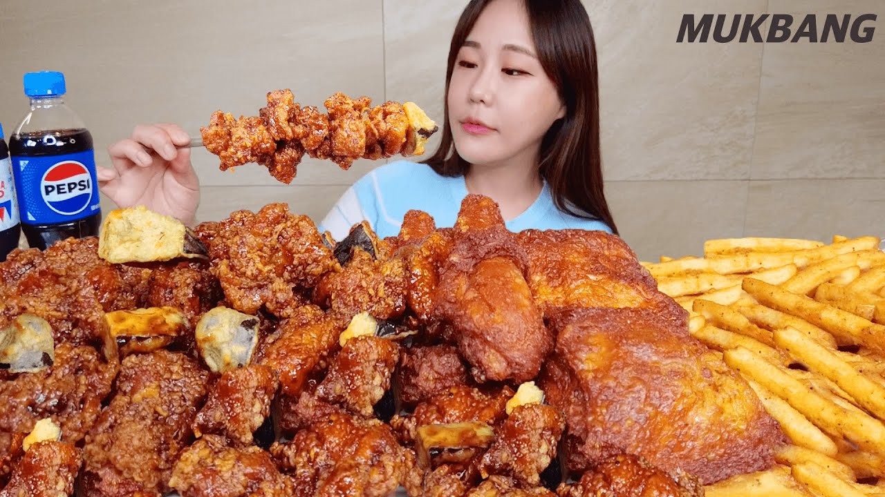 титр) Grill Fried chicken Soy sauce Hot chicken Fried eggplant French fries REAL SOUND ASMR MUKBANG