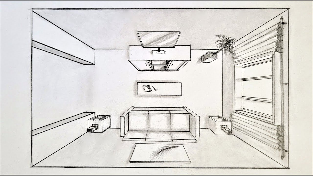 How to draw a living room in one point perspective, bird's eye view