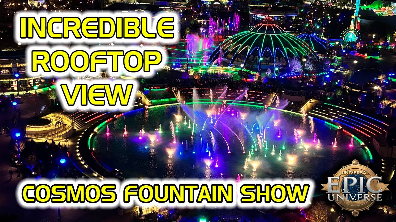 ✨ Cosmos Fountain Show | Epic Universe Nighttime Spectacular | View from Bar Helios Rooftop 🌠🍸