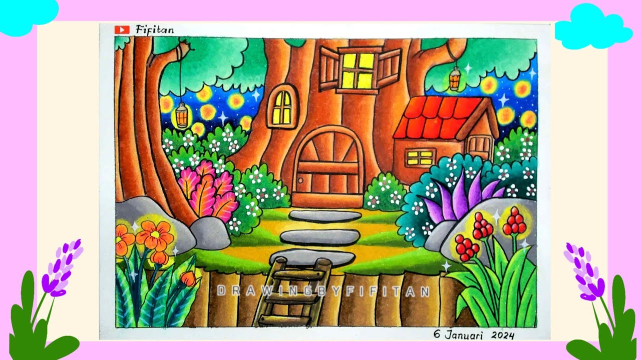 Tutorial Menggambar Rumah Pohon dan mewarnai menggunakan oilpastel / krayon Joyko 72 warna