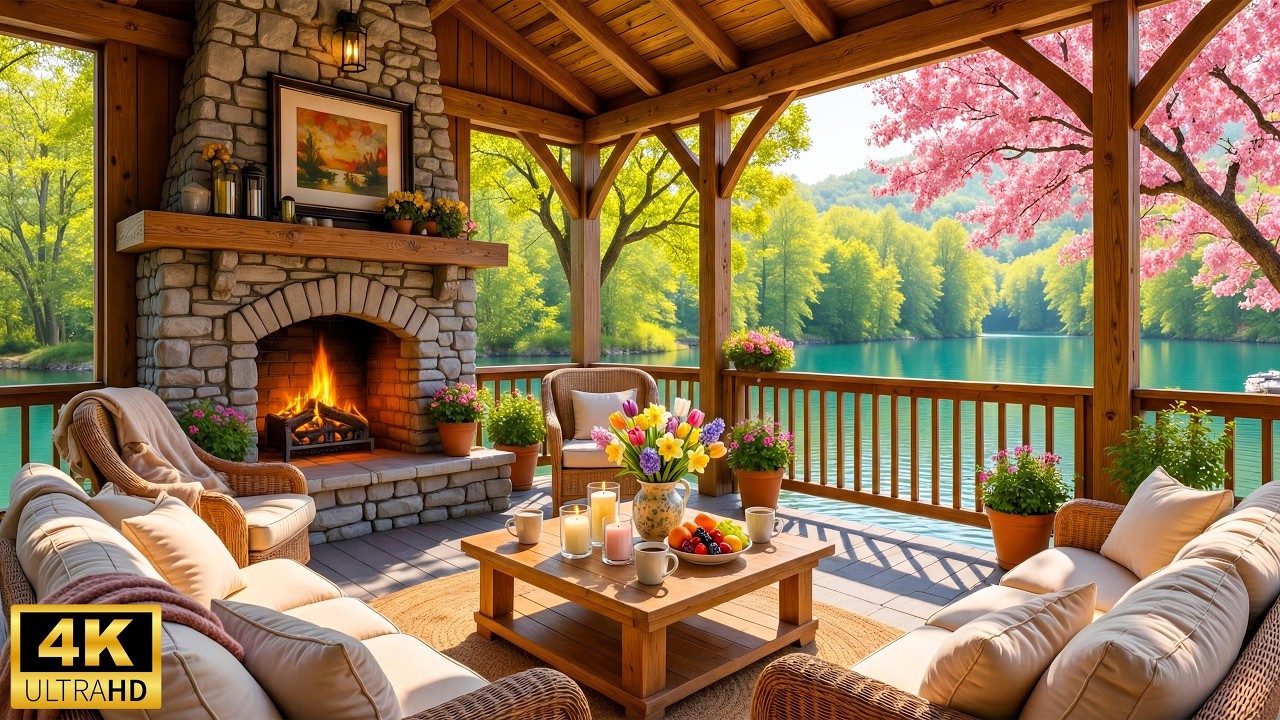 Spring Morning Porch by the Lake ☘️ Relaxing Piano Music & Warm Fireplace for Happy Moods