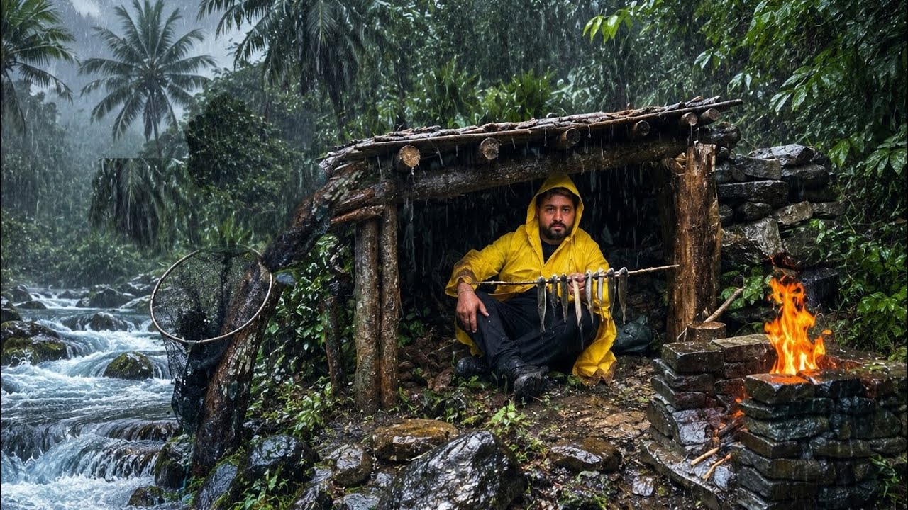 Caught in a Storm - Solo Bushcraft, Camping in Heavy Rain. Fishing - Survival Shelter