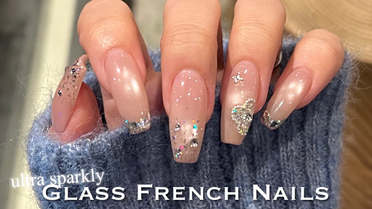 【セルフネイル】ちゅるんと艶感💧キラキラ尽くしのガラスフレンチネイル💍✨/ジェルネイル